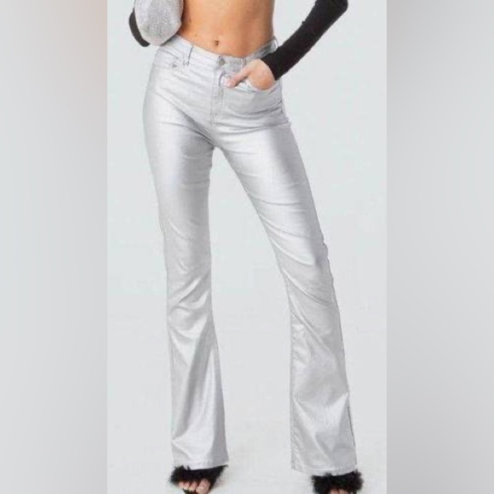 Edikted Silver Metallic Flare Pants Small